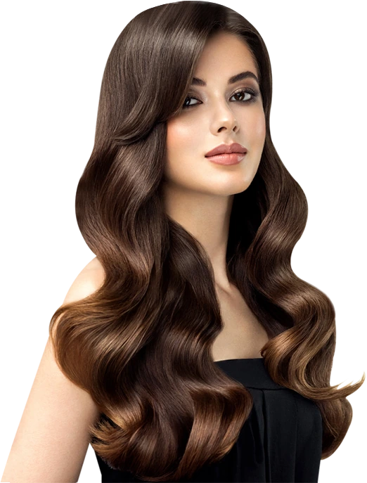 Model with long glossy curled brunette hair