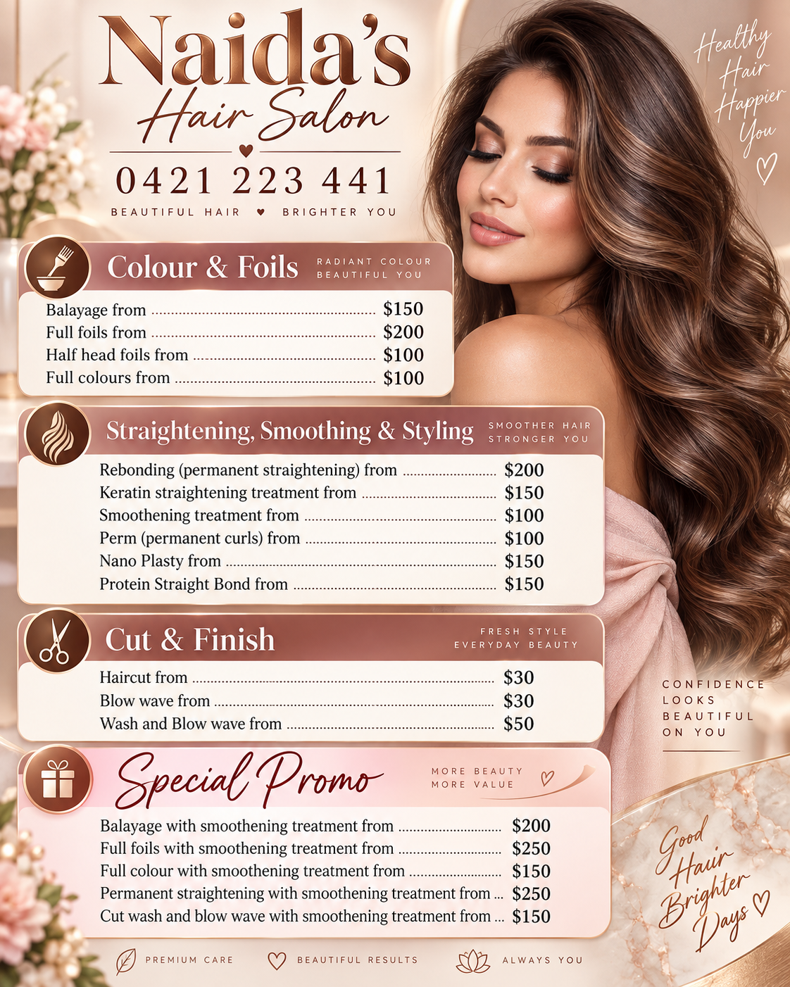Naida's Hair Salon price list poster
