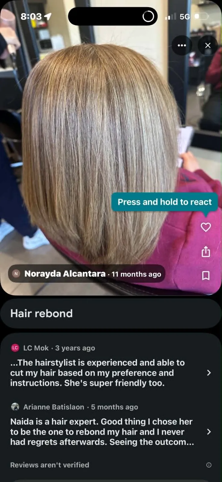 Screenshot of public client feedback